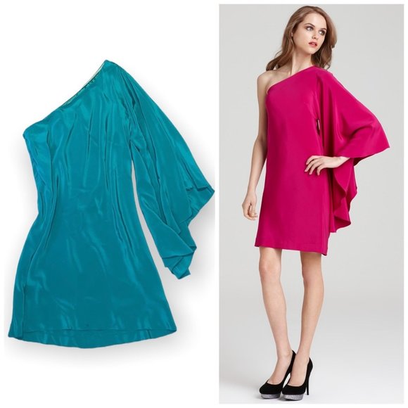 Nicole Miller green silk batwing one shoulder mini dress size 12 - Picture 2 of 13